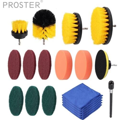 Proster 14 pcs for Drill Brush Accessories + 5pcs Fine Fiber Towel Set different shape cleaning brushes hardness scratch pads