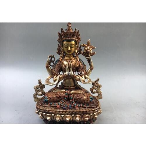 9'' Nepal Bronze Gold Silver coral turquoise Chenrezik Four Arm Avalokitesvara