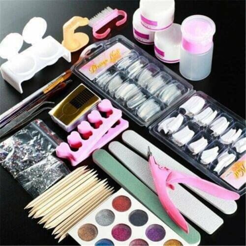 Acrylic Powder Nail Art Tool Starter Kit Full Set Nails Tips Brush File Form DIY Kit For Beginners Nail Glitter Powder Manicure