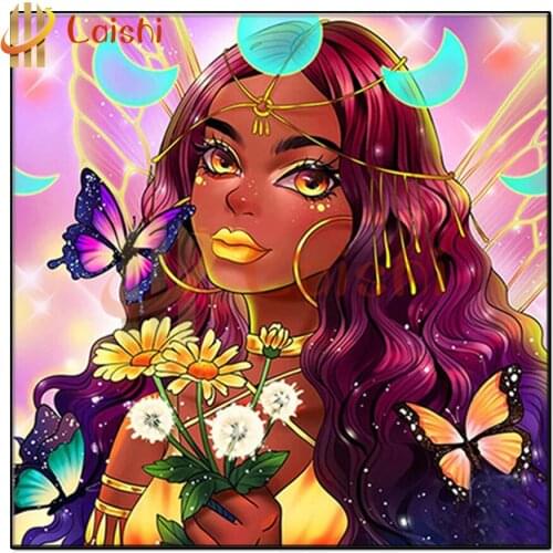 Fantasy Afro girl, butterfly, flower Diamond Painting Diamond Embroidery Rhinestone Mosaic Picture by number hobby gift custom