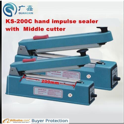 Free Shipping KS-200C hand impulse sealer with middle cutter heating impulse sealer Manual sealing machine Aluminum body