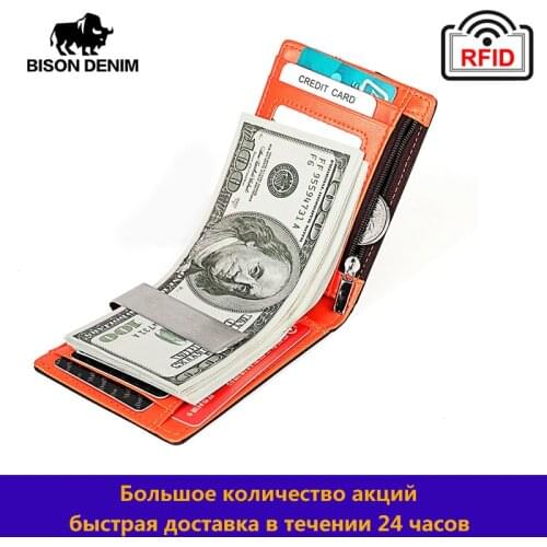 BISON DENIM Genuine Leather Rfid Wallet Money Clip Credit Card Case ID Cash Holder Thin Coin Pocket Purse Bifold Men&Women W4526