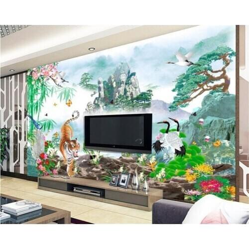 Beibehang Large custom wallpaper Tiger Egrets Hand-painted scenery Mountain downhill Photo wallpaper painting papel tapiz