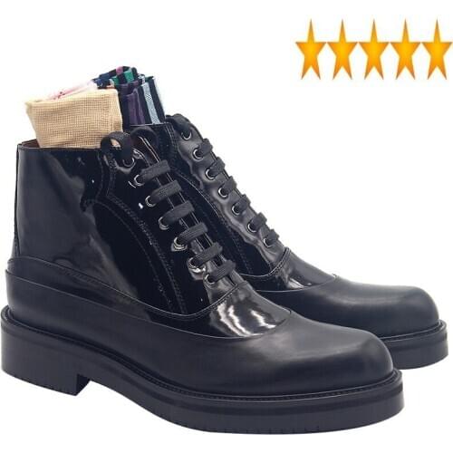 Brand Mens Thick Platform Top Lace Up Oxfords Handmade Cowhide Real Leather Military Boots Height Increasing Motor Biker Shoes