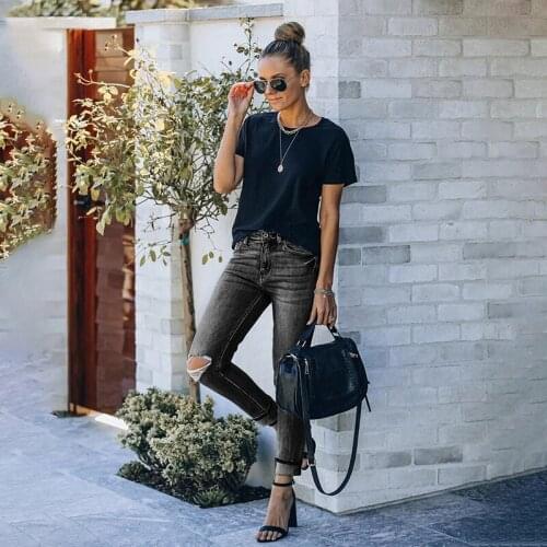 DIFIUPAI Black/Blue Pencil Pants Women Mid Wist Female Ripped Skinny Jeans High Stretch Denim Trousers Street Feet Pants Cuffs