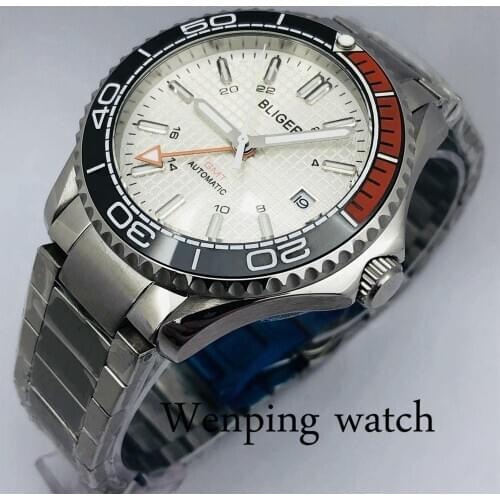 BLIGER New 41mm Top Luxury Mens GMT Mechanical Watch Sapphire Crystal Ceramic Bezel Date Silver Dial Luminous Automatic Watch