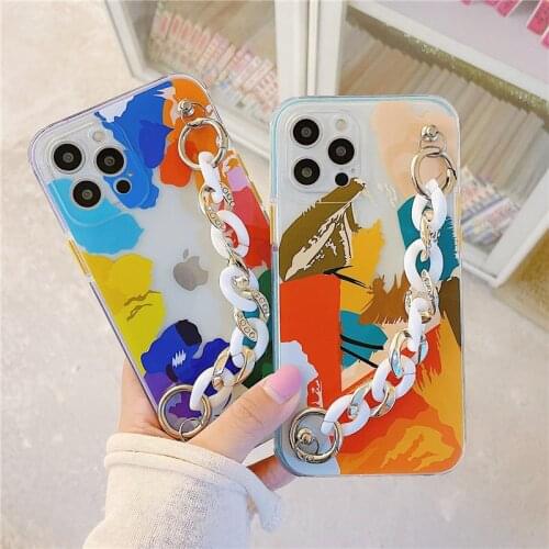 Transparent Art Graffiti Phone Case For iPhone 11 12 Pro Max XR XS Max X 7 8 Plus 12Mini Chain wristband Shockproof Back Cover