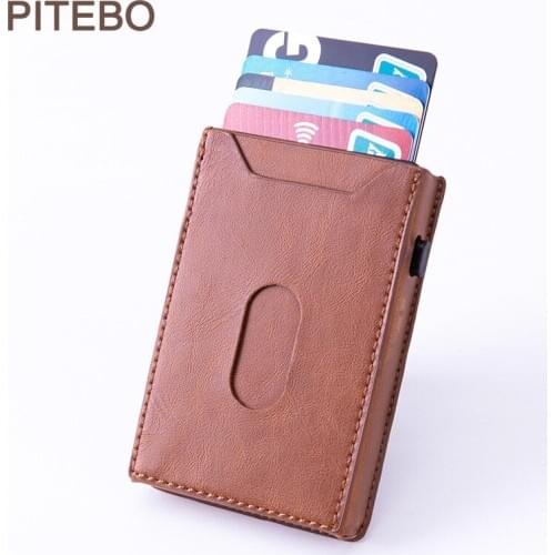 PITEBO Mens automatic credit card case carbon fiber leather wallet aluminum mini Wallet with pocket ID RFID Blocking Wallet yes