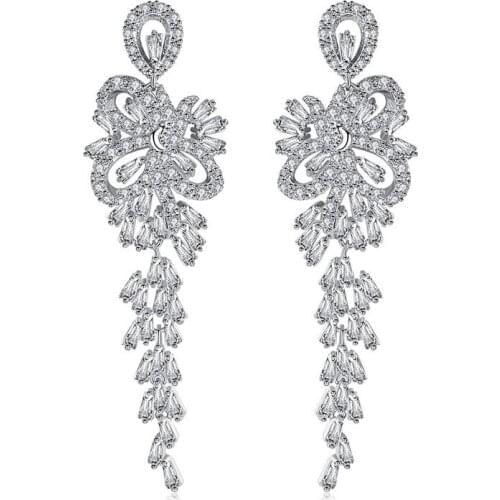 New Arrival Quality Luxurious Romantic CZ Long Hanging Chandelier Earrings For Bridal Mariage Wedding Party Jewelry