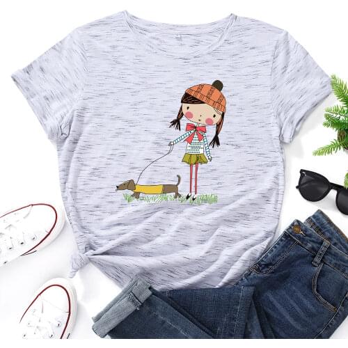 Womens Graphic Tees Cotton Short Sleeve Crew Neck Loose T Shirt Plus Size Top Female Summer Clothes Little Girl Walking The Dog