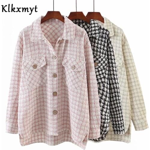 Klkxmyt Za Women 2020 Fashion With Pocket Plaid Tweed Shirts Jacket Coat Vintage Long Sleeve Female Outerwear Chic Tops