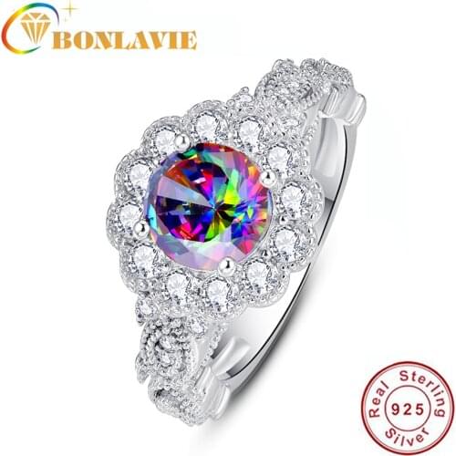 BONLAVIE 8*8mm Main Stone of Colorful rainbow topaz Ring Genuine 925 Sterling Silver Jewelry For Wedding Party Micro Pave Finger