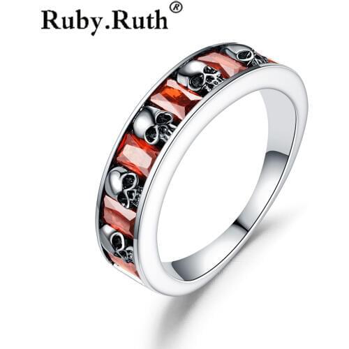 Red crystal Zircon Skull Ring Black Womens Wedding Ring Punk Jewelry