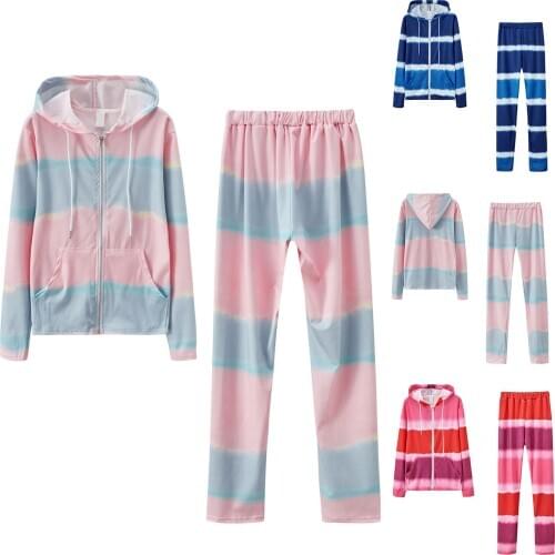 2PC Split Tracksuit Tie-Dyed Printing Hooded Homewear Sets Women Fashion Long Sleeve Zipper Jacket Top+Stretch Pants Sport Suit
