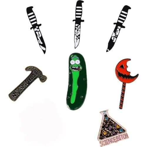 Cool Dark Punk Brooches pins Funny Chili Knife Skull Chemical Cup Hammer Enamel Pin For Men Badge Bag Icon Decoration jewelry