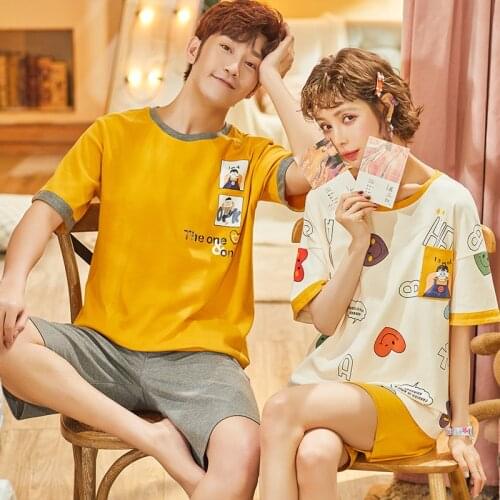 Cute Pajamas Set Woman Cotton Cartoon Sleep Wear Short Sleeve Shorts Pajama Nightgowns Lovers Nightwear Mens Home Set Outfits