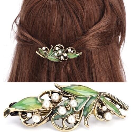 Fashion Women Retro Enamel Leaf Barrettes Ancient Bronze Alloy Hairpin Girls Folwer Hair Clip Pearl Hair Accessories