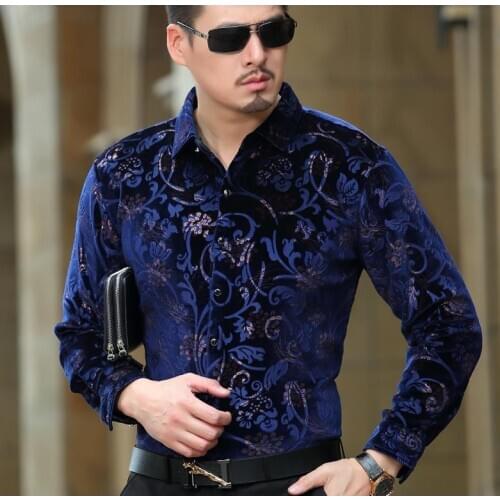 BONJEAN Luxury Brand Mens Velvet Dress Shirts Formal Pattern Black Blue Silk Business Casual Shirt Drop Shipping