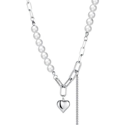 New Arrival Artificial Pearl Zircon Heart-shaped Pendant Necklace Temperamental Stainless Steel Jewelry For Woman Gift Not Fade