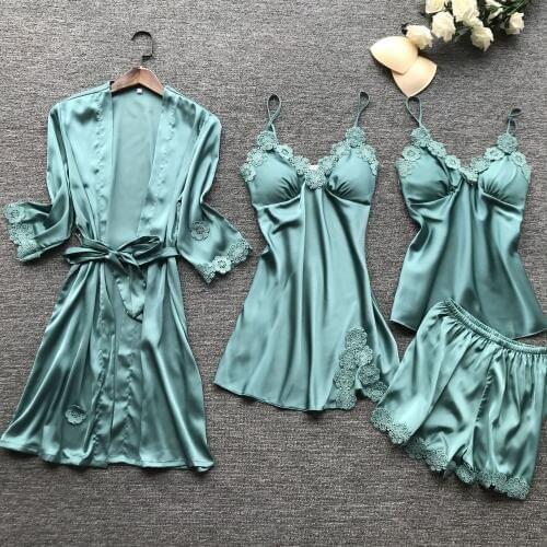 Sexy Woman Kimono Pajamas Sets V-Neck Sleep Robe Bath Gown 4PC Strap Top Pants Suit Sleepwear Nightgown Home Wear Nightdress