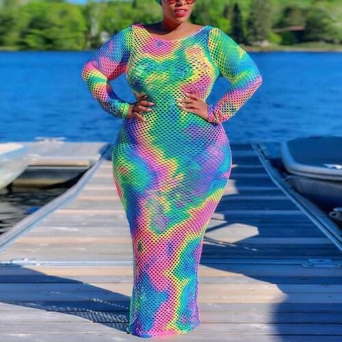 Plus Size Mesh Dresses For Women 4XL 5XL Sexy See Through Bodycon Full Sleeve Floor Length Elegant Evening Night Party Dresses