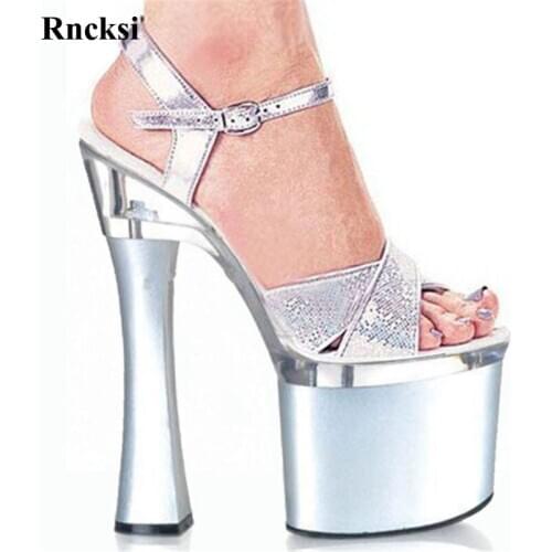 Rncksi New Silver Sexy 18cm Square High Heels Women Wedding Night Club Party Pole Dance Sandals Straps Platform sandals shoes
