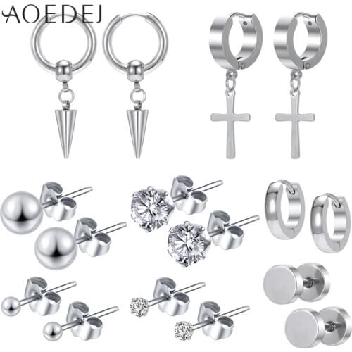 AOEDEJ 18PCS/LOT 316L Stainless Steel Earrings Black Silver Color Punk Style Cross Earring for Men Gip Hop Ear Round Studs