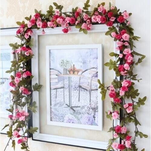 230cm/91inch Silk Rose Ivy Vine Artificial Flowers Arch Decor with Green Leaves Hanging Wall Garland Wedding Party Home Decor