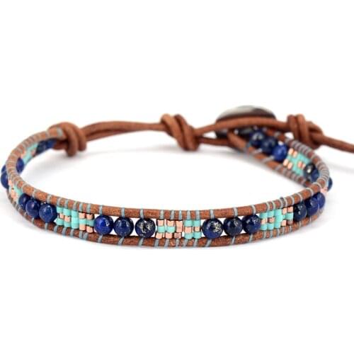 Trendy Selected Glass Beads Lapis Luzuli Weave Wrap Bracelets Beading Pattern Bohemian Womens Bracelets