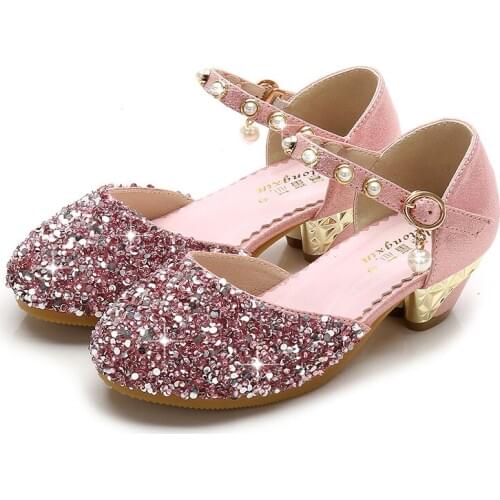Girls Shoes Princess Kids Glitter Shoes High Heels Children Dress Shoes For Evening Party Wedding Model Show Latin Dance Beaded