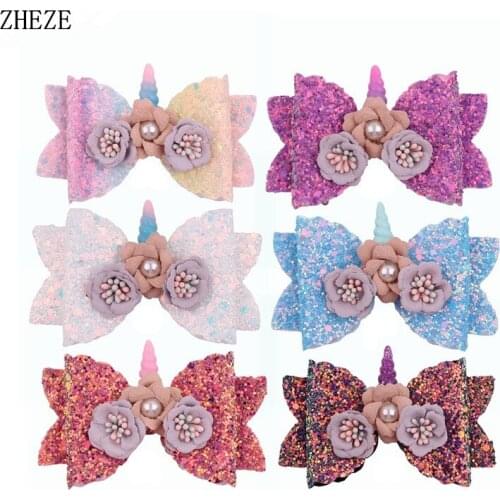 12Pcs/Lot Hair Bow Clips For Girls Kids Glitter Barrettes Pearls Floral Unicorn Bowknot DIY Headwear Fashion Hair Accessories