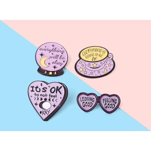 Sweet and Cute Purple Heart Glasses Enamel Brooch Coffee Star Moon ITS OK Alloy Pins Badge Woman Jewelry Clothes Accessories