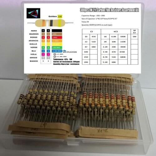 1W 5% 10ohm-1M 30 Values*10PCS=300PCS Resistor Carbon Film Resistor Assorted Kit