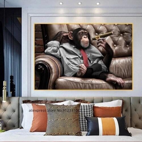 Abstract Art Monkey on Sofa Smoking Canvas Painting Animal Posters and Prints Wall Art Pictures for Living Room Home Decoration