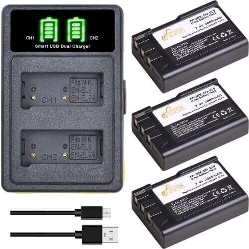 3Pcs 2000mAh EN-EL9 EN-EL9a EN EL9 Battery + Type-C LED Charger Kits for Nikon EN-EL9a D40 D60 D40X D5000 D3000 Camera