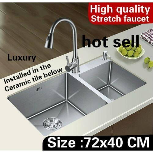 Free shipping Apartment stretch faucet wash vegetables mini kitchen manual sink double groove 304 stainless steel 720x400 MM