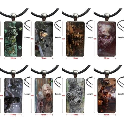 For Girls New Walking Dead Skeleton Zombie Necklace With Steel Plated Glass Cabochon Choker Long Pendant Rectangle Necklace