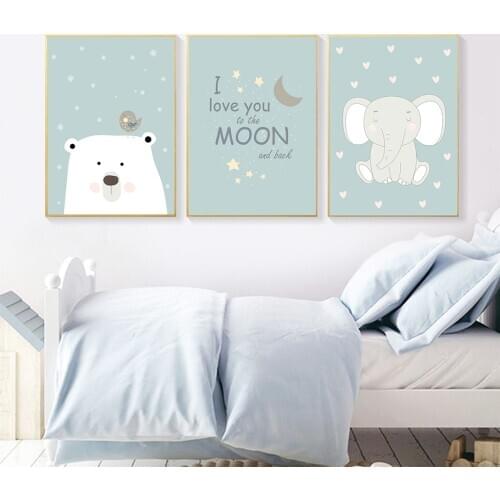 Nursery Home Decor Canvas Painting Cartoon Animal Elephant Bear Good Night Illustration Blue Theme Child Baby Room Wall No Frame