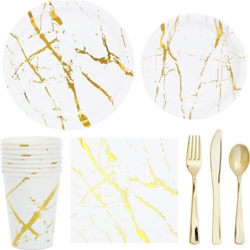 Graffiti Gold Marbling White Girls Favor Bronzing Paper Cup Plate Anniversary Wedding Birthday Party Tableware Decoration 8pcs