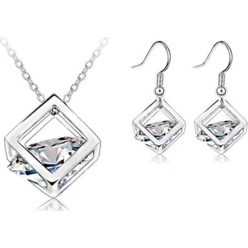 Happiness Cube Jewelry Sets Genuine Fine 925 Sterling Silver Cubic Zirconia Pendant Necklace Hook Drop Earrings Set