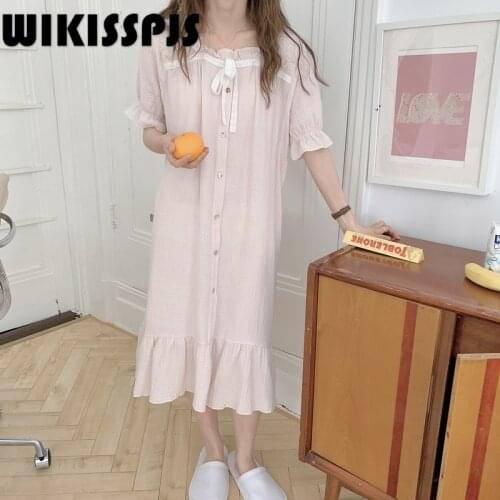 2021 Summer FAIRY DRESS Cotton Lace Decorative Bow Tulle Dress Sleeping Dress Nighty for Ladies Mid-Calf Night Gown Cute