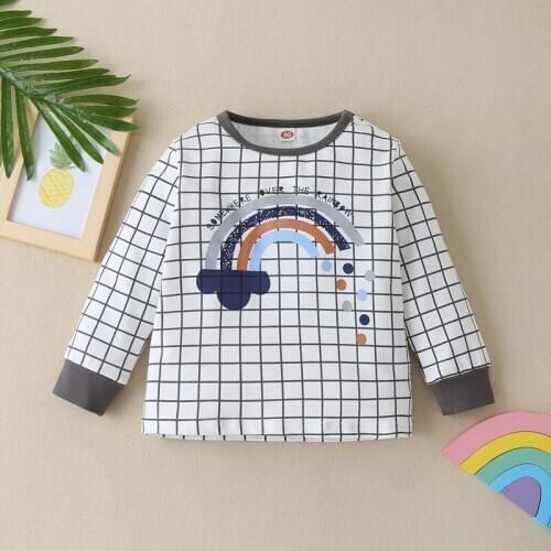 Fashion Clothes Toddler Girl Fall Clothes Plaid Rainbow Print Long Sleeve T-shirt Tops Cotton Baby Boy Clothes Kids Clothes 1-6Y
