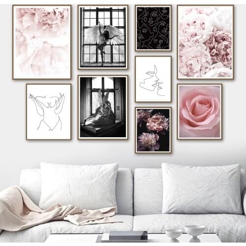 Peony Rose Angel Girl Wing Line Abstract Wall Art Canvas Painting Nordic Posters And Prints Wall Pictures For Living Room Decor