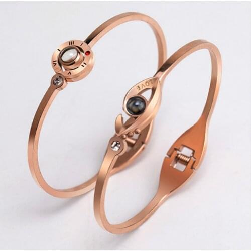 New Women 100 Languages I Love You Bangles Memory Rose Gold Roman Numerals Crystal Fashion Charm Projection Stone Open Bangle