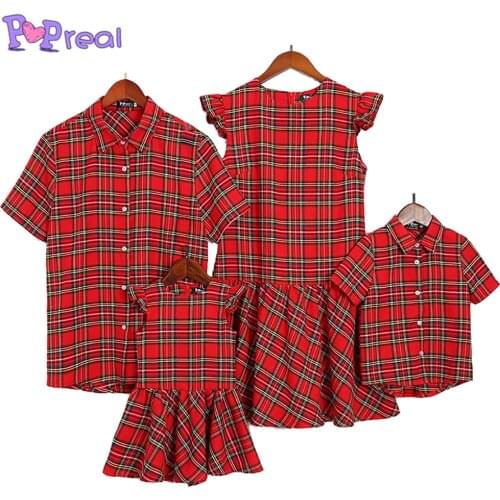 PopReal Parent-Child Outfit Family Matching Clothes Mother And Daughter Dress Father And Son Suit Shirt Stitching Plaid Printi