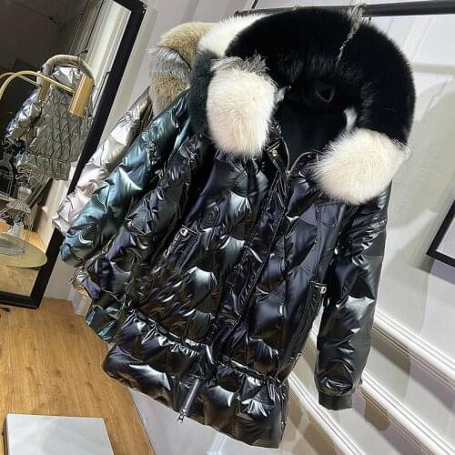 2021 New Long Winter Glossy Down Coats Womens Oversize Warm White Duck Down Parka Coat Woman Big Fur Collar Hooded Down Jackets