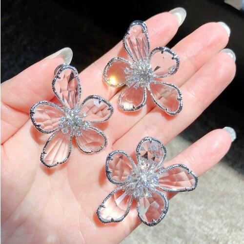 Earrings Fashion Luxury High Sense Clear Multi-Faceted Flower Transparent Crystal Petal Open Ring Banquet Wedding Accessories