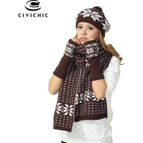 CIVICHIC Women Christmas Knit Hat Scarf Gloves 3 PCS Set Crochet Snow Jacquard Cap Shawl Warm Beanies Xmas Pompon Headwear SH114