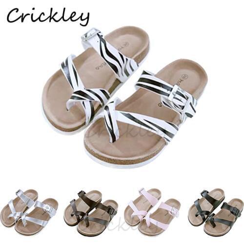 Fashion Kids Girls Strip Slippers Soft Cork Sole Printing PU Leather Casual Slippers for Children Girl Princess Beach Flip Flops