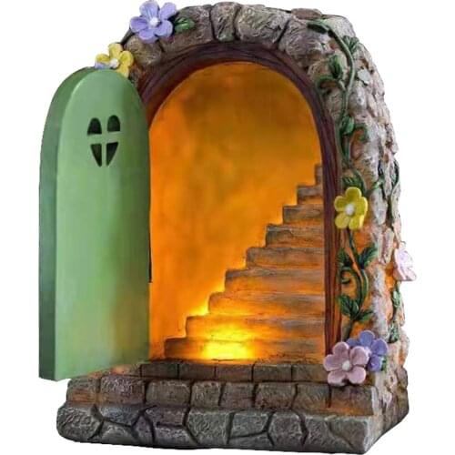 Fairy Garden Solar Stone Door Resin Ornament Hand-Painted Statue for Garden Courtyard Lawn Decoration 12.5x7x15cm WWO66
